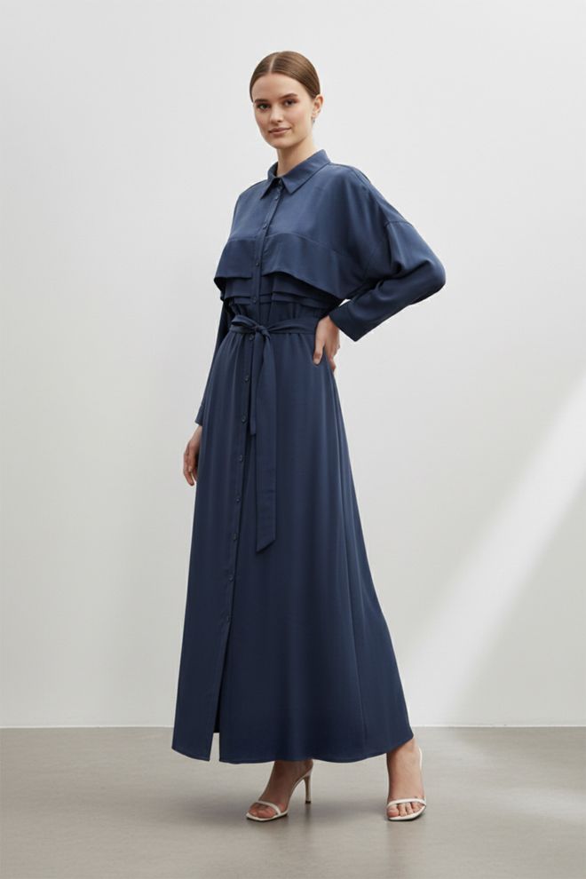 Puane فستان أزرق داكن أنيق بقميص وياقة بولو ملابس بالجملة محتشم