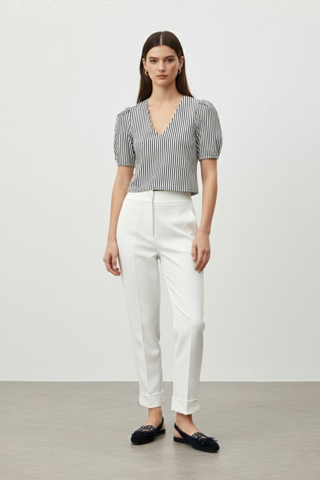 Puane Pantaloni Țigaretă Albi Decupați Talie Medie Îmbrăcăminte cu ridicata Casual