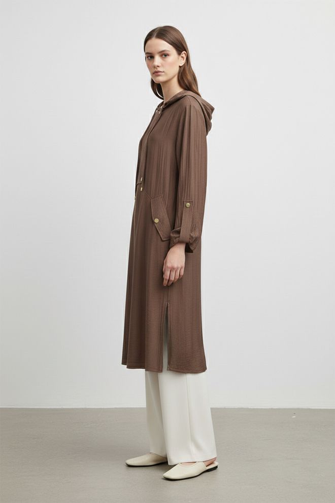 Puane Brown Hooded Coat With Zip Up & Flap Pockets Wholesale Clothing 1