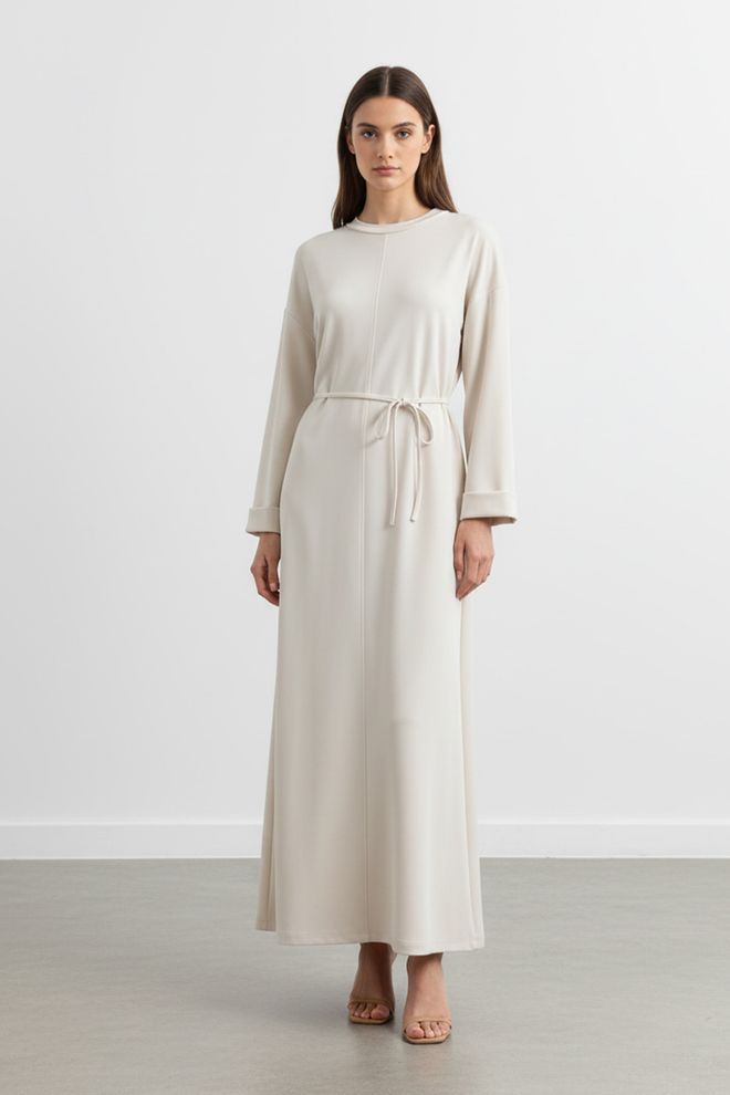 Puane Beige Elegante A lijn Jurk Tot Op De Vloer Groothandel Kleding Bescheiden