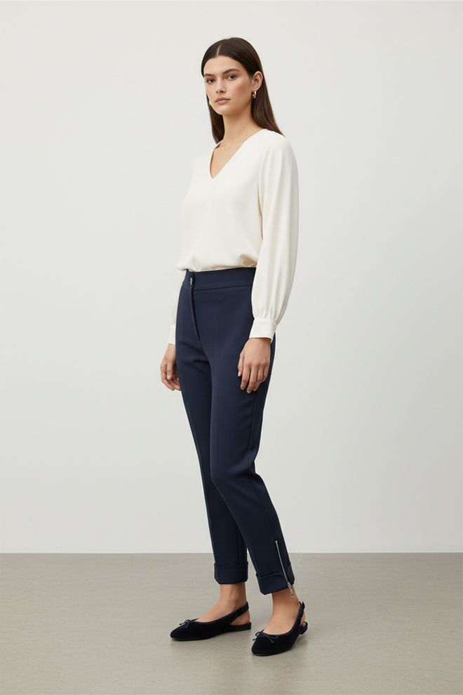 Puane بنطال الأزرق الداكن مدبب اقتصاص ساق مستقيمة ملابس بالجملة غير رسمي