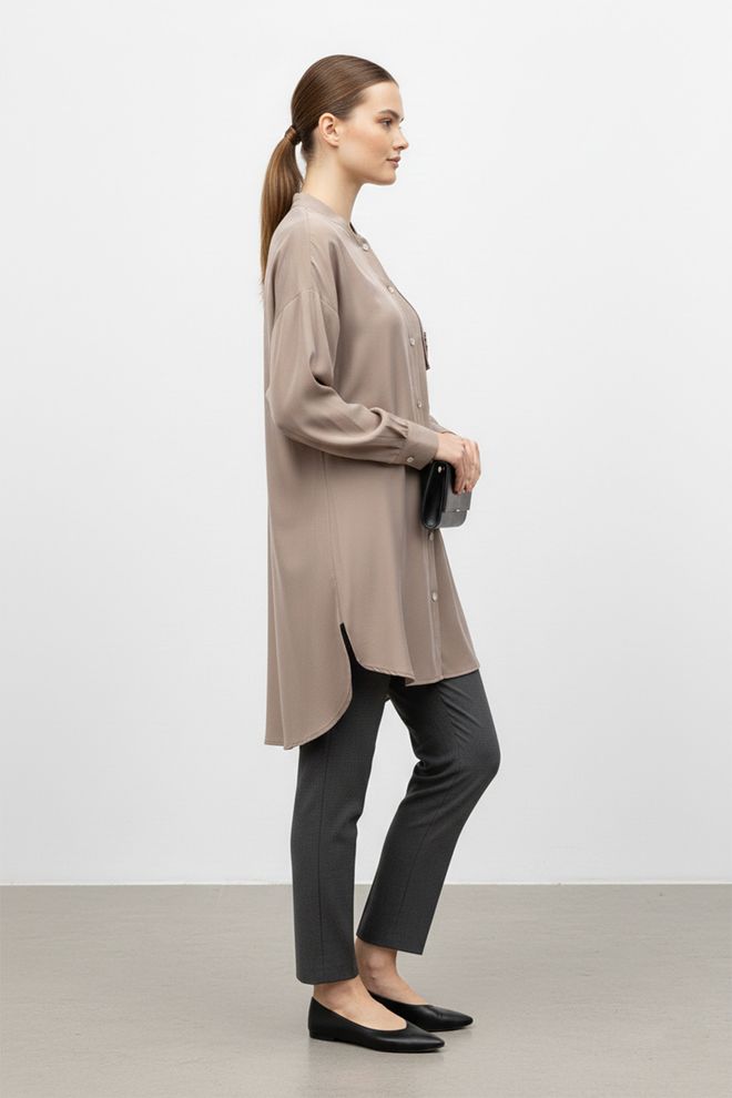 Puane Beige Grandad Neck Long Sleeve Shirt Wholesale Clothing 1