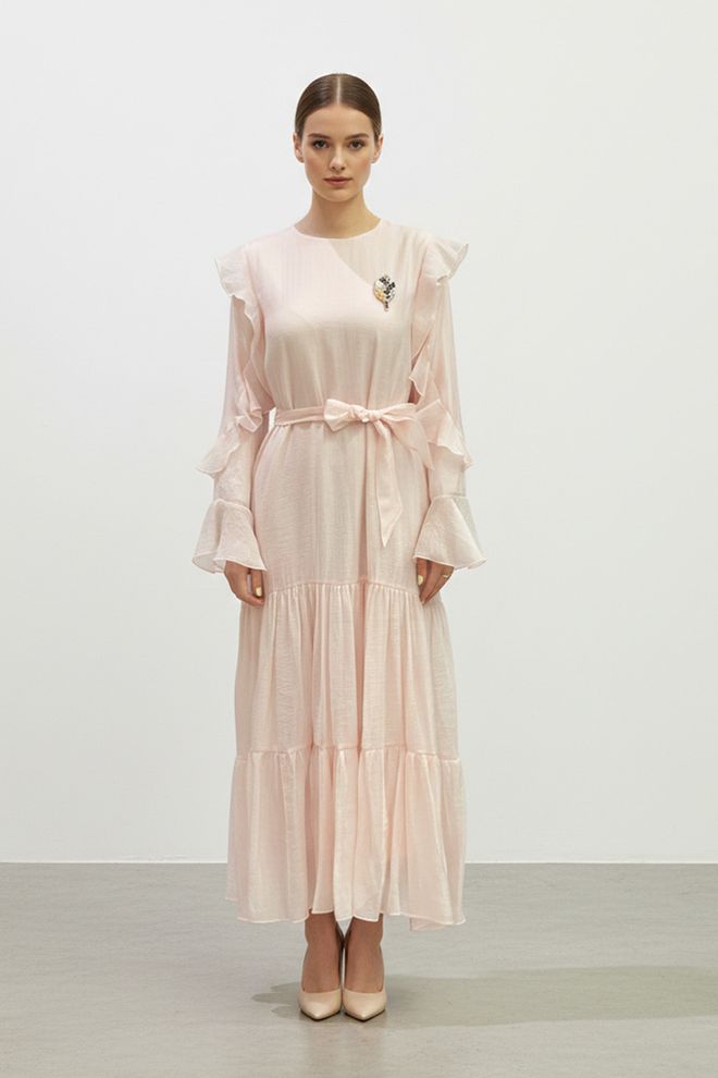 Puane Розовое Платье Подгонка И Расклешение С Рукавами С Рюшами Оптовая продажа одежды Скромный