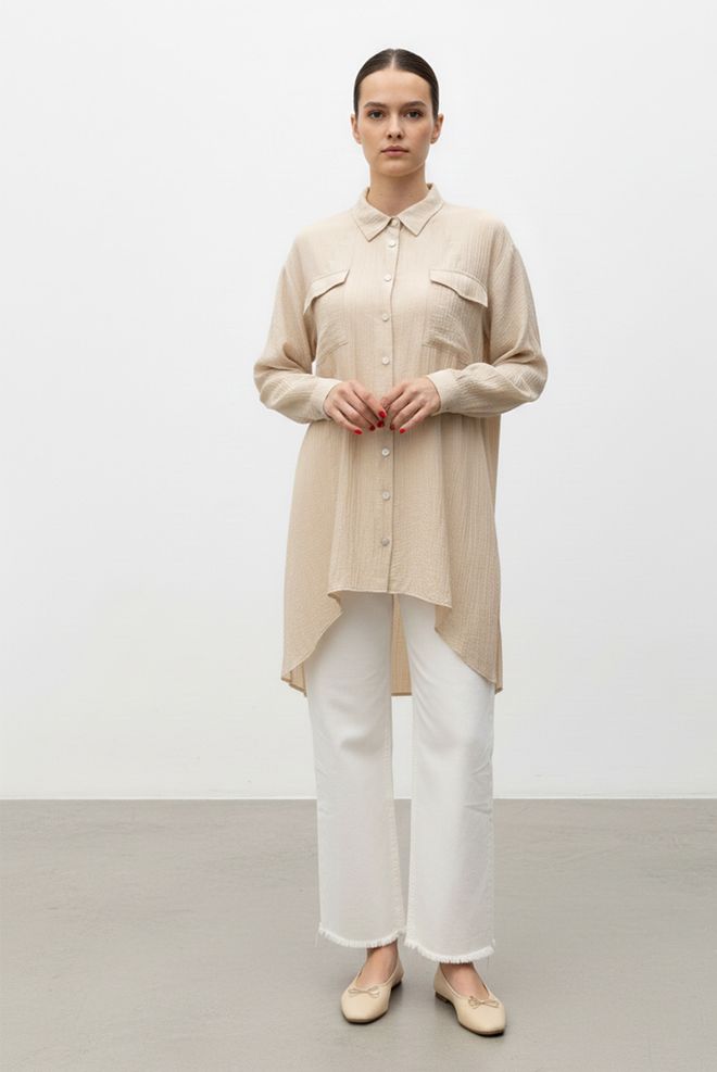 Puane Μπεζ Πουκάμισο Με Κουμπιά Μακρύ Ισιο Μανίκι Γιακά Πόλο Σε Μεγάλο Μέγεθος Χονδρικό εμπόριο ενδυμάτων Απλό