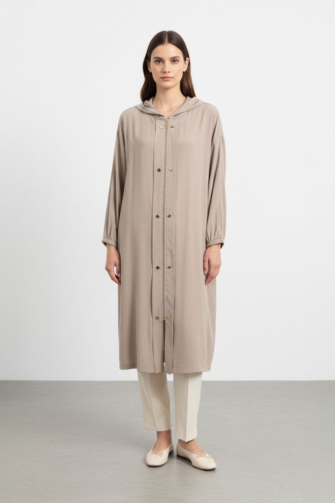 Puane Smėlio Kardiganas Oversized Su Sagomis Ir Gobtuvu Didmeninė prekyba drabužiais Apykaklė su įkirpimu