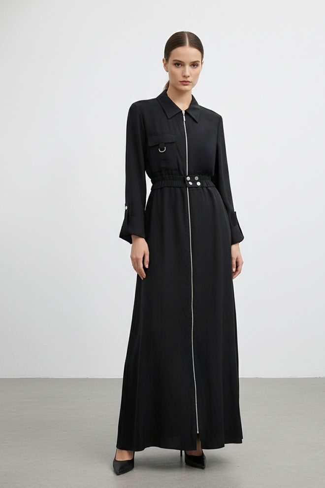 Puane فستان أسود محتشم أنيق من قميص برقبة محززة ملابس بالجملة محتشم