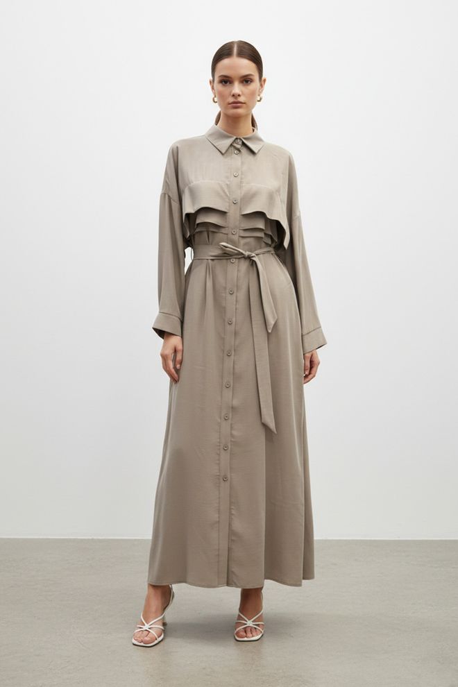 Puane فستان بيج أنيق محتشم من النوع قميص بأكمام طويلة ملابس بالجملة محتشم