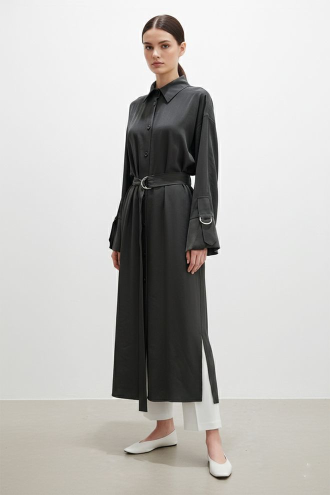 Puane Tunique Noire Élégante À Col Polo Boutonné Vêtements en gros Modeste