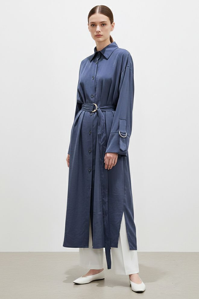 Puane Tunique Élégante Bleu Marine Avec Encolure Polo Vêtements en gros Modeste