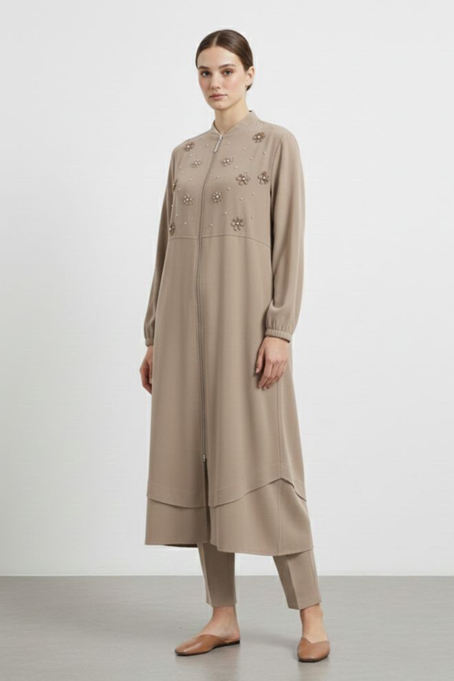 Puane Smėlio Kardiganas Su Drugelio Raštu Užtrauktukas Ilgas Šalikėlio Apykaklė Didmeninė prekyba drabužiais Apykaklė su įkirpimu