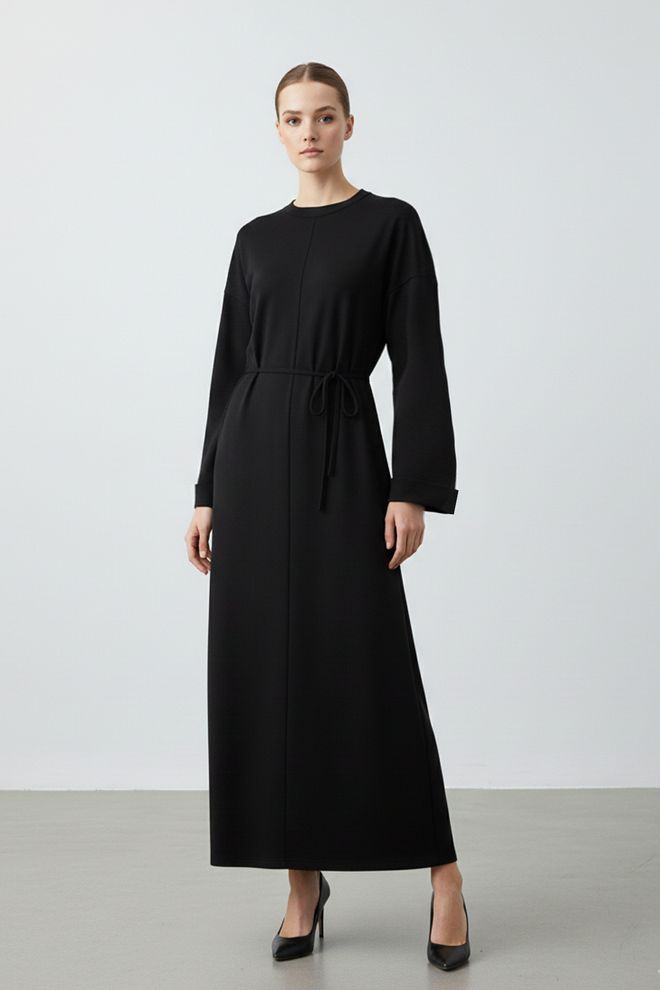 Puane فستان أسود أنيق بأكمام طويلة وطول الأرضية ملابس بالجملة محتشم