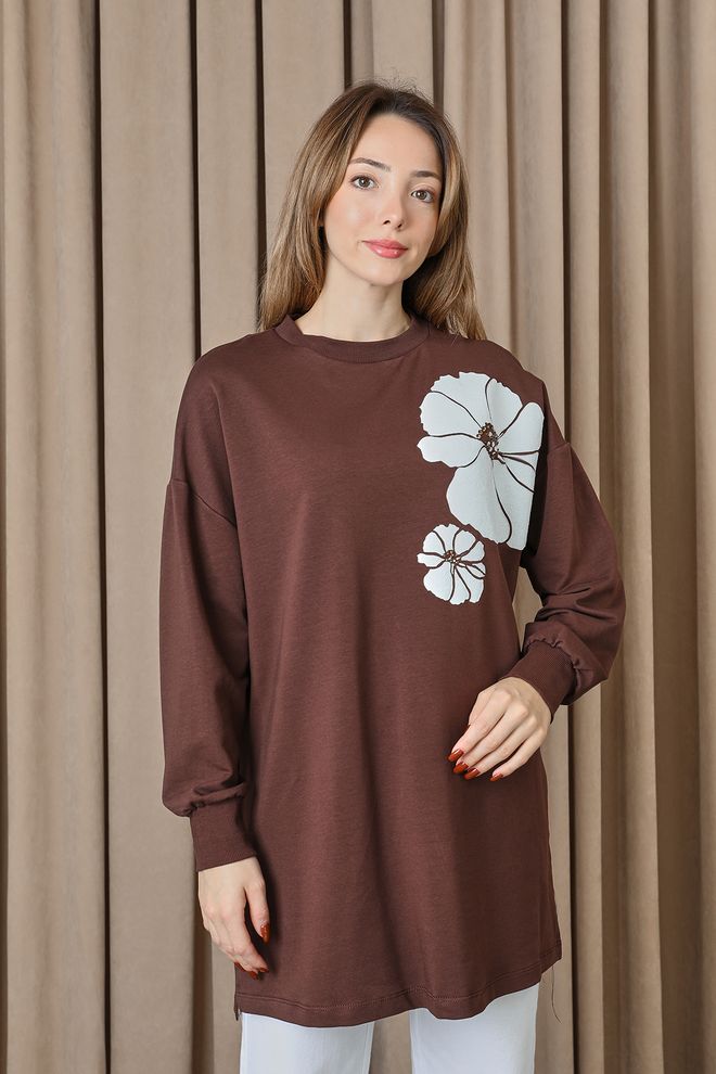 Puane Καφέ Φλοράλ Τουνίκ Με Oversized Εφαρμογή Χονδρικό εμπόριο ενδυμάτων Απλό