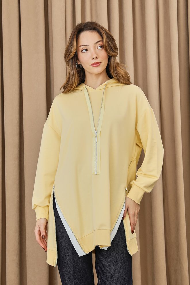 Puane Κίτρινο Τουνίκ Oversized Με Φερμουάρ Και Κουκούλα Χονδρικό εμπόριο ενδυμάτων Απλό
