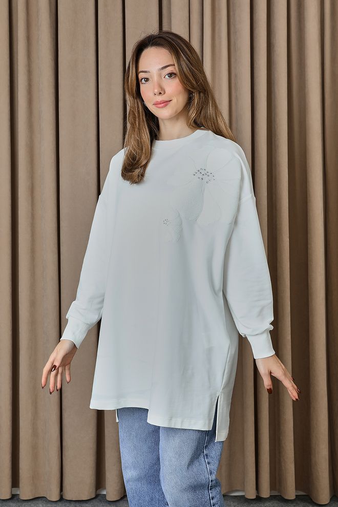 Puane Ασπρο Τουνίκ Με Oversized Εφαρμογή Και Φλοράλ Λεπτομέρειες Χονδρικό εμπόριο ενδυμάτων Απλό
