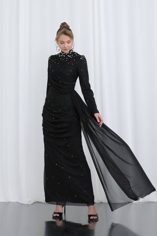 Puane Elegante Zwarte Jurk Met Pailletten Groothandel Kleding Bescheiden