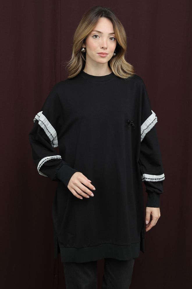 Puane Μαύρο Casual Τουνίκ Με Oversized Εφαρμογή Και Στρογγυλή Λαιμόκοψη Χονδρικό εμπόριο ενδυμάτων Απλό