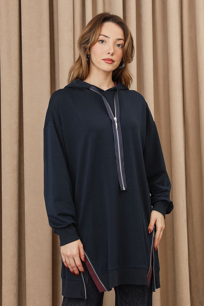Puane Μπλε Μαρέν Oversize Τουνίκ Με Φερμουάρ Και Κουκούλα Χονδρικό εμπόριο ενδυμάτων Απλό