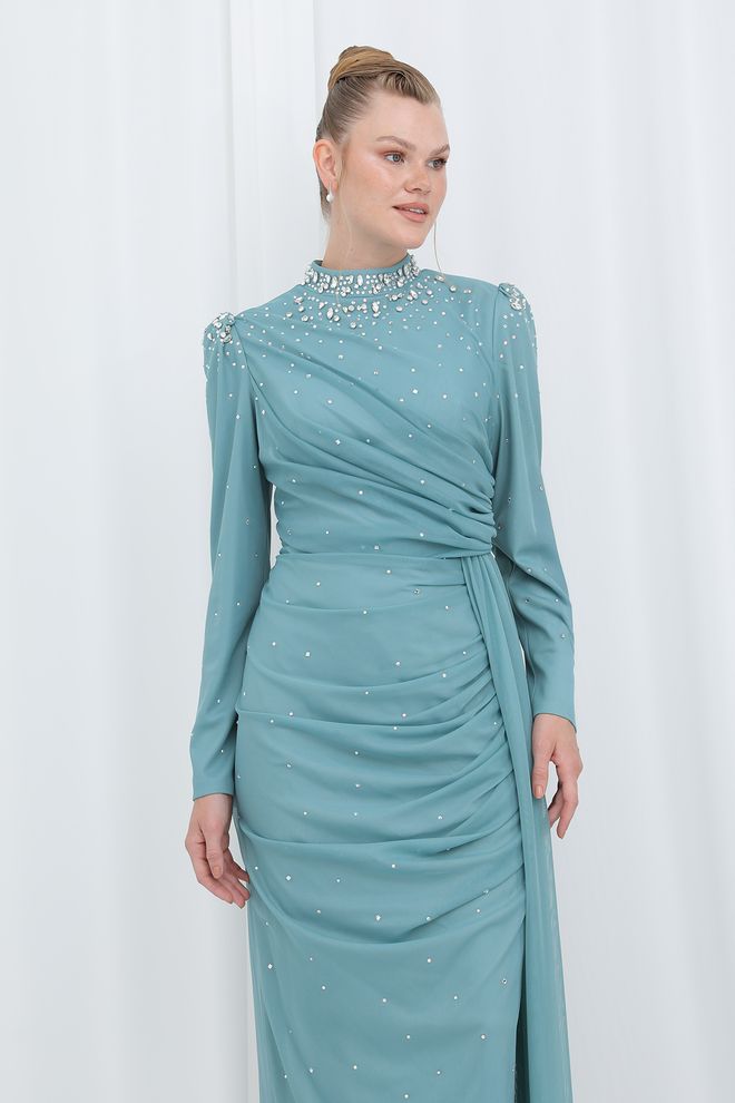 Puane Elegante Blauwe Schedejurk Met Pailletten Groothandel Kleding Bescheiden