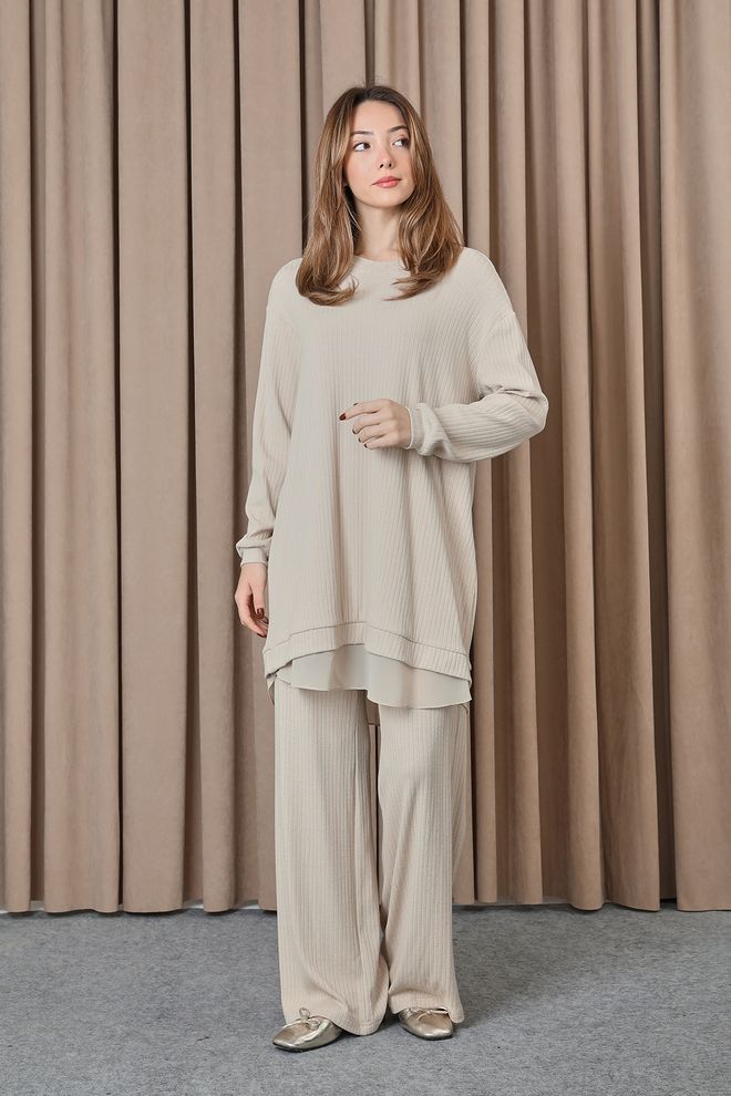 Puane Tuta Beige Con Pantaloni Palazzo A Gamba Larga Abbigliamento all'ingrosso Modesto