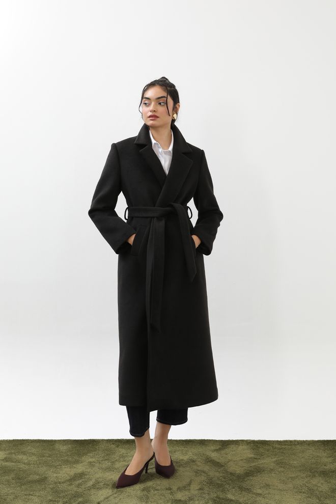 Puane Zwarte Elegante Wrapover Enkelrijige Jas Groothandel Kleding Casual