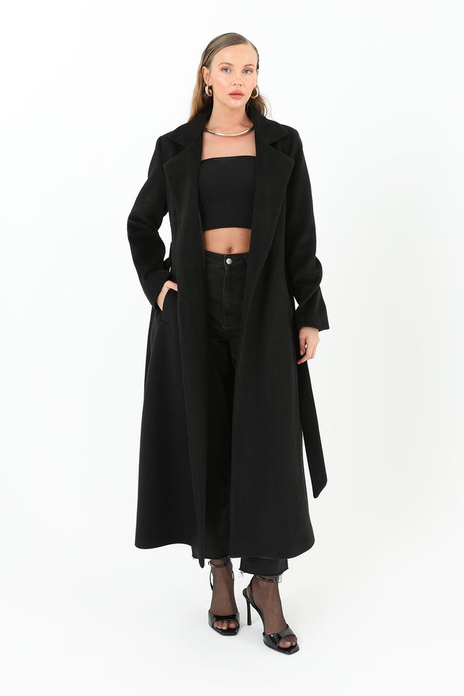 Puane Black Elegant Wrapover Single Breasted Coat Wholesale Clothing Fall