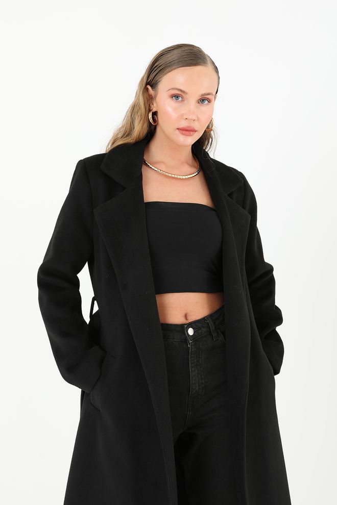 Puane Black Elegant Wrapover Single Breasted Coat Wholesale Clothing Vintage