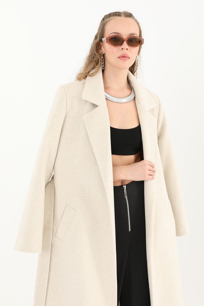 Puane Beige Elegant Single Breasted Wrapover Coat Wholesale Clothing Vintage