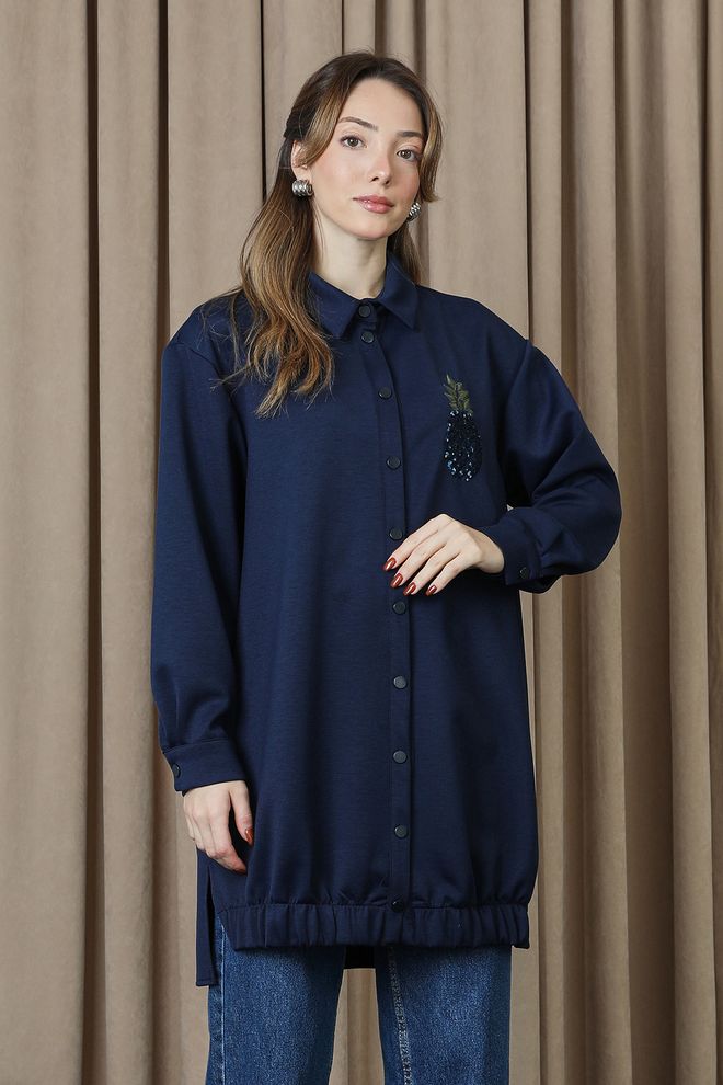 Puane Marineblauwe Casual Bescheiden Oversized Tuniek Groothandel Kleding Bescheiden