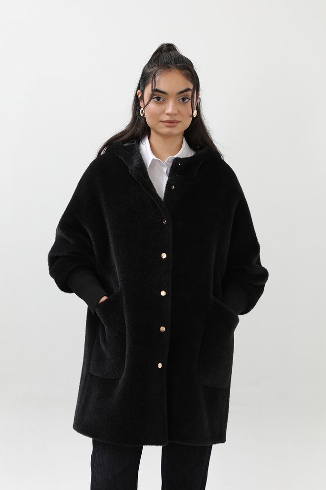 Puane Cappotto Teddy Nero Oversize Con Colletto Con Cappuccio Abbigliamento all'ingrosso Casuale