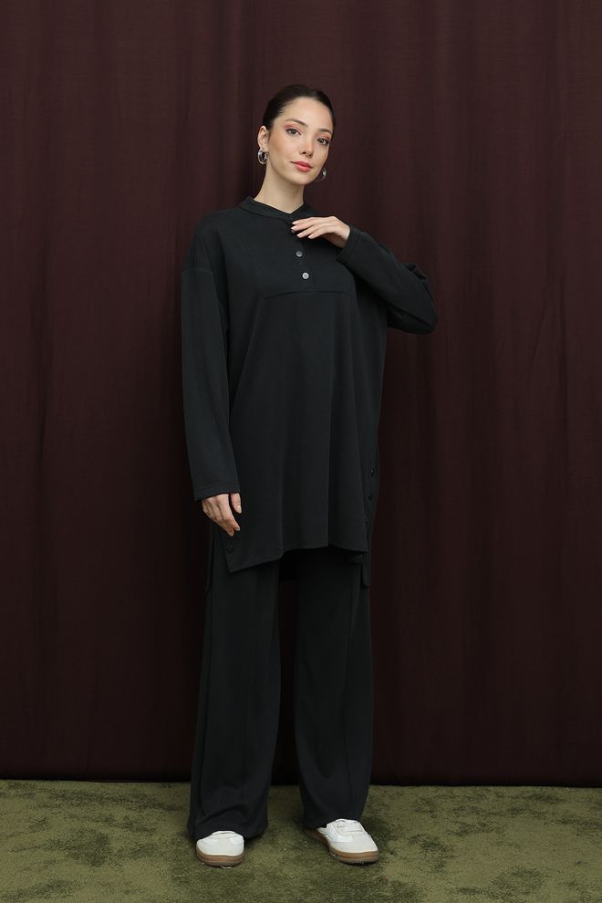 Puane Μαύρη Αθλητική Φόρμα Μεγάλα Μεγέθη Με Κουμπιά Παντελόνια Palazzo Χονδρικό εμπόριο ενδυμάτων Απλό