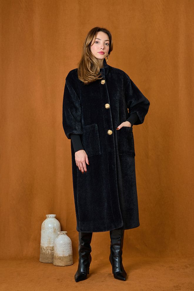 Puane Cappotto Nero Elegante Glamour In Pelliccia Monopetto Abbigliamento all'ingrosso Annata