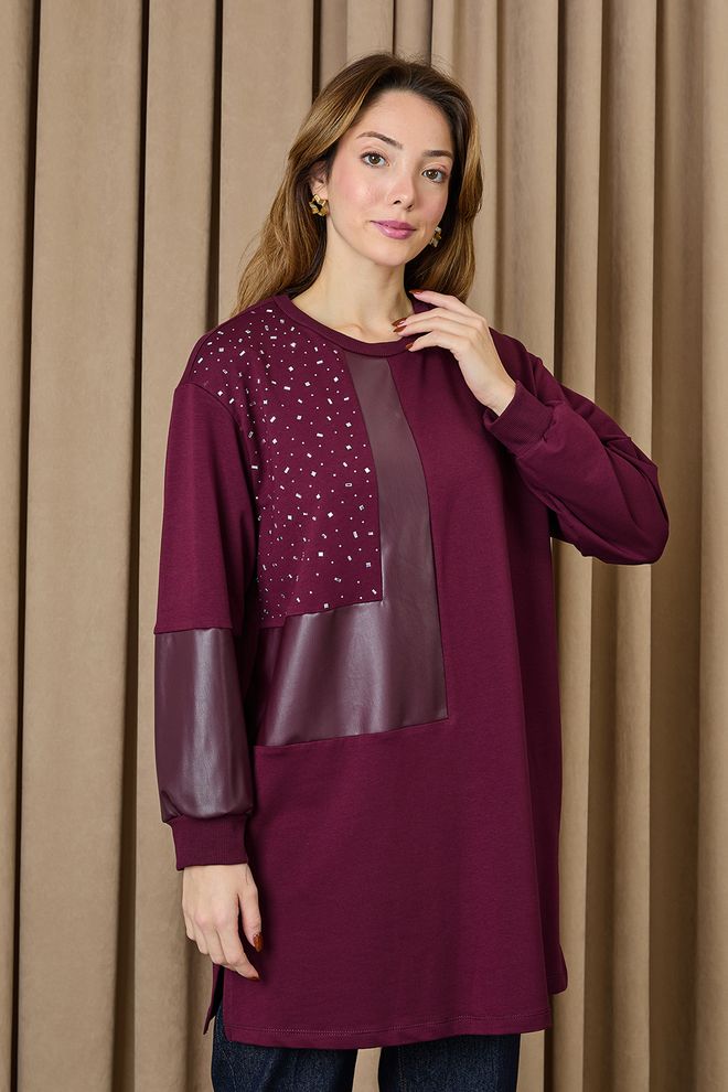 Puane Bordeauxrot Pailletten Lässig Tunika Großhandelskleidung Modest