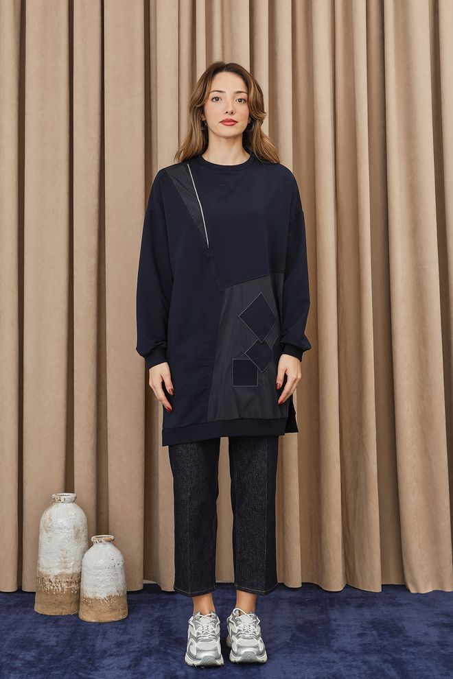 Puane Navy Blue Oversized Casual Tunic With Patchwork Wholesale Clothing Lounge