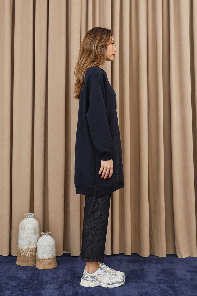 Puane Navy Blue Oversized Casual Tunic With Patchwork Wholesale Clothing Spring