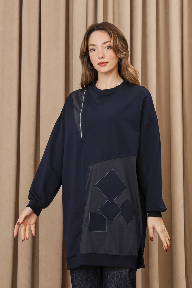 Puane Marineblau Oversized Lässige Tunika Mit Patchwork Großhandelskleidung Modest