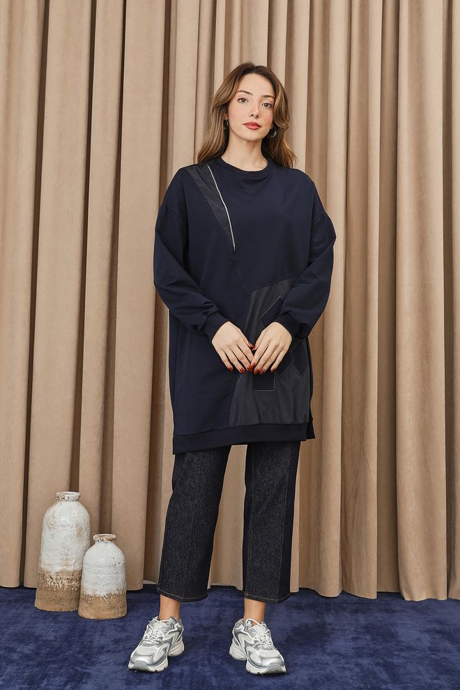 Puane Navy Blue Oversized Casual Tunic With Patchwork Wholesale Clothing 1