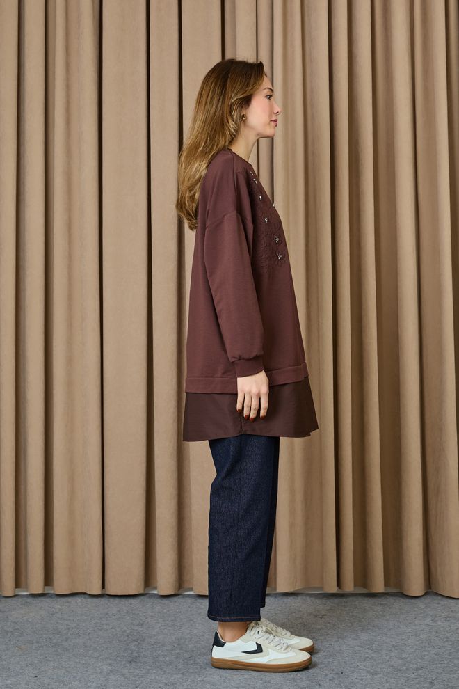 Puane Brown Floral Oversized Fit Tunic For Fall And Winter Wholesale Clothing Fall