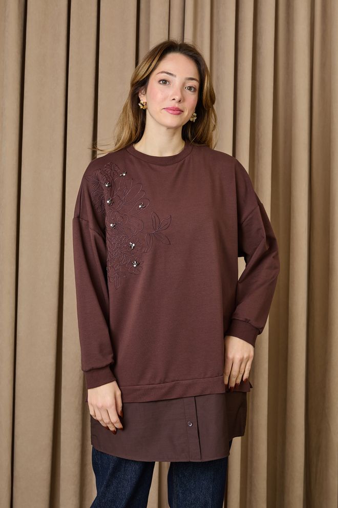 Puane Braune Florale Oversized Tunika Für Herbst Und Winter Großhandelskleidung Modest