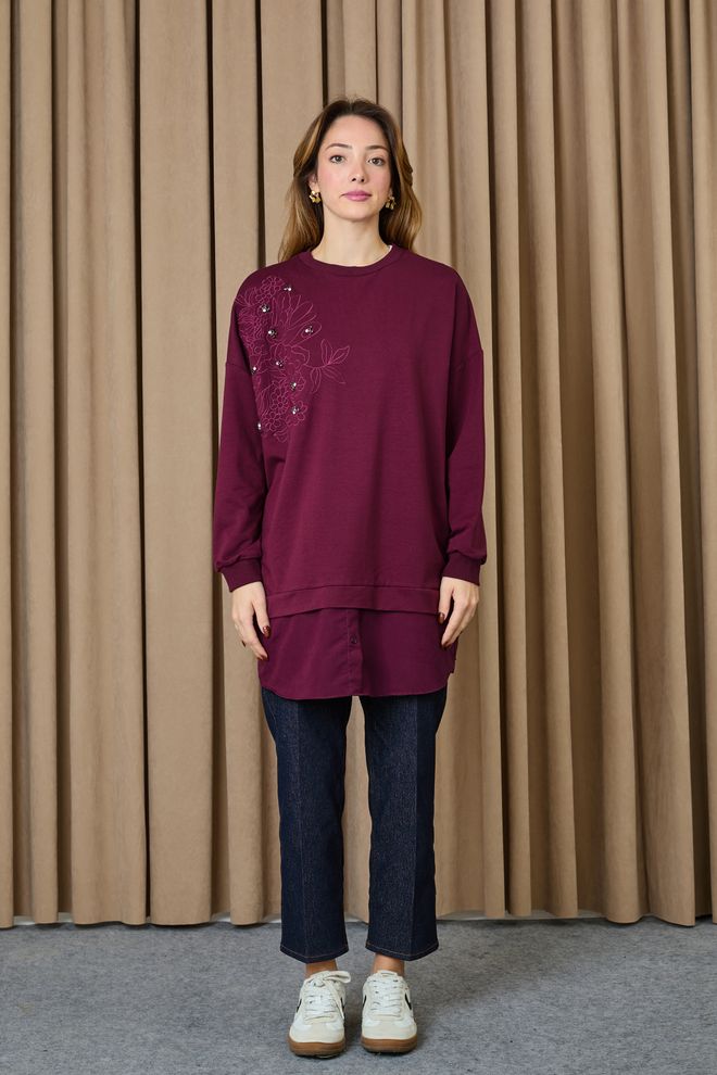 Puane Claret Red Floral Buttoned Tunic Long Sleeve Oversized Wholesale Clothing Lounge