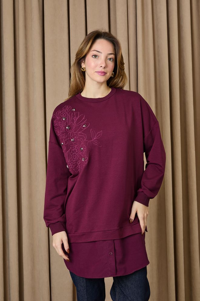 Puane Bordeauxrot Floral Geknöpfte Tunika Langarm Übergroß Großhandelskleidung Modest