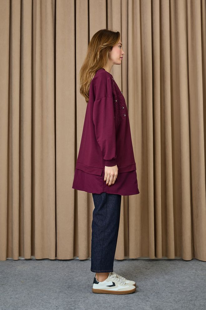 Puane Claret Red Floral Buttoned Tunic Long Sleeve Oversized Wholesale Clothing Spring