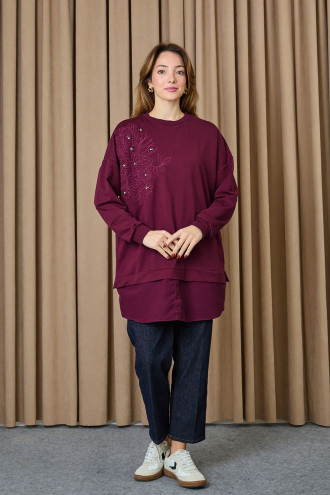 Puane Claret Red Floral Buttoned Tunic Long Sleeve Oversized Wholesale Clothing 1