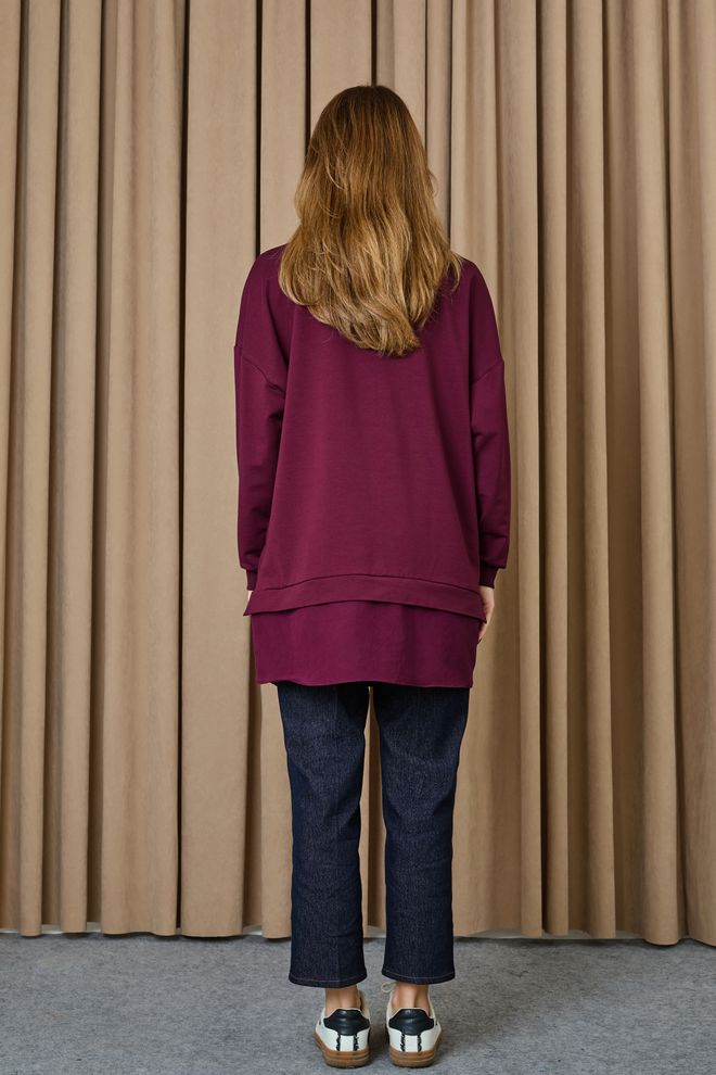 Puane Claret Red Floral Buttoned Tunic Long Sleeve Oversized Wholesale Clothing Casual