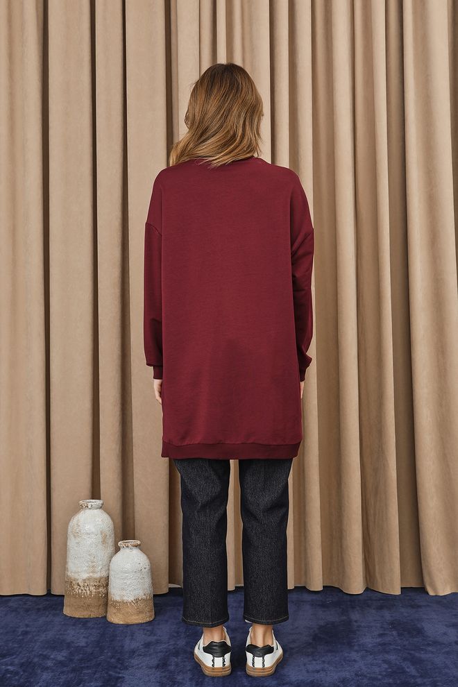 Puane Claret Red Tunic Oversized Pull On Long Sleeve Wholesale Clothing Casual