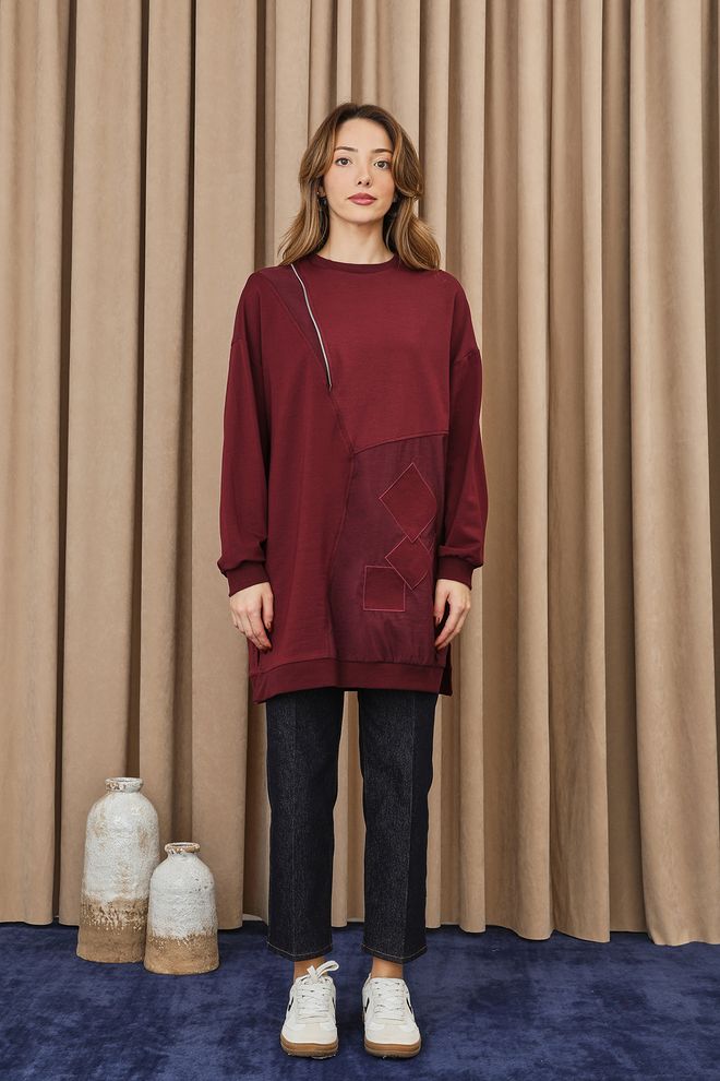 Puane Claret Red Tunic Oversized Pull On Long Sleeve Wholesale Clothing Lounge