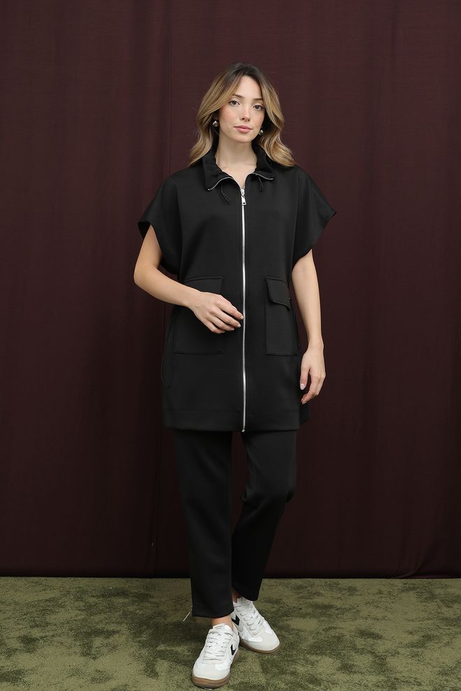 Puane Conjunto Negro Streetwear Casual Con Cuello Chal Ropa al por mayor Modesto