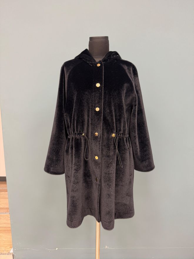 Puane Abrigo Negro Elegante Con Capucha Y Pelo Largo Abotonado Manga Raglán Ropa al por mayor Casual