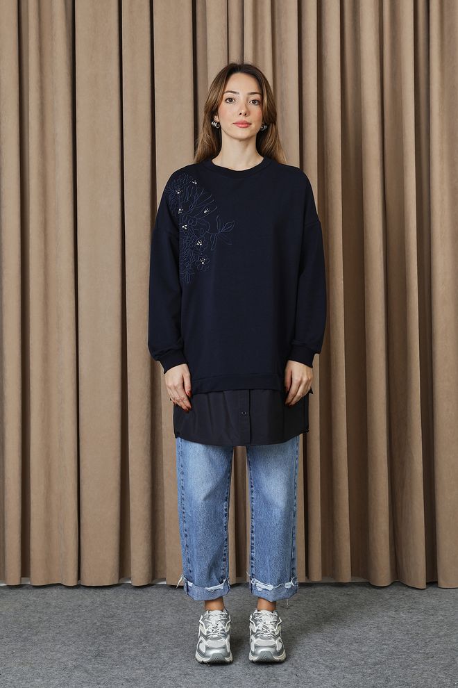 Puane Navy Blue Floral Oversized Tunic Long Sleeve Crew Neck Wholesale Clothing Lounge