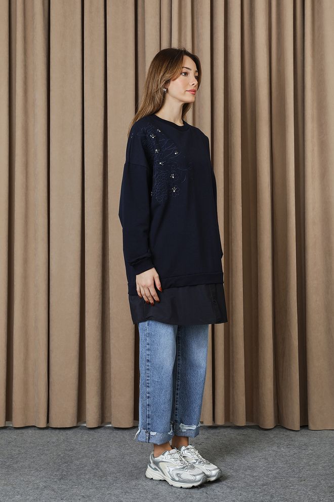 Puane Navy Blue Floral Oversized Tunic Long Sleeve Crew Neck Wholesale Clothing Spring