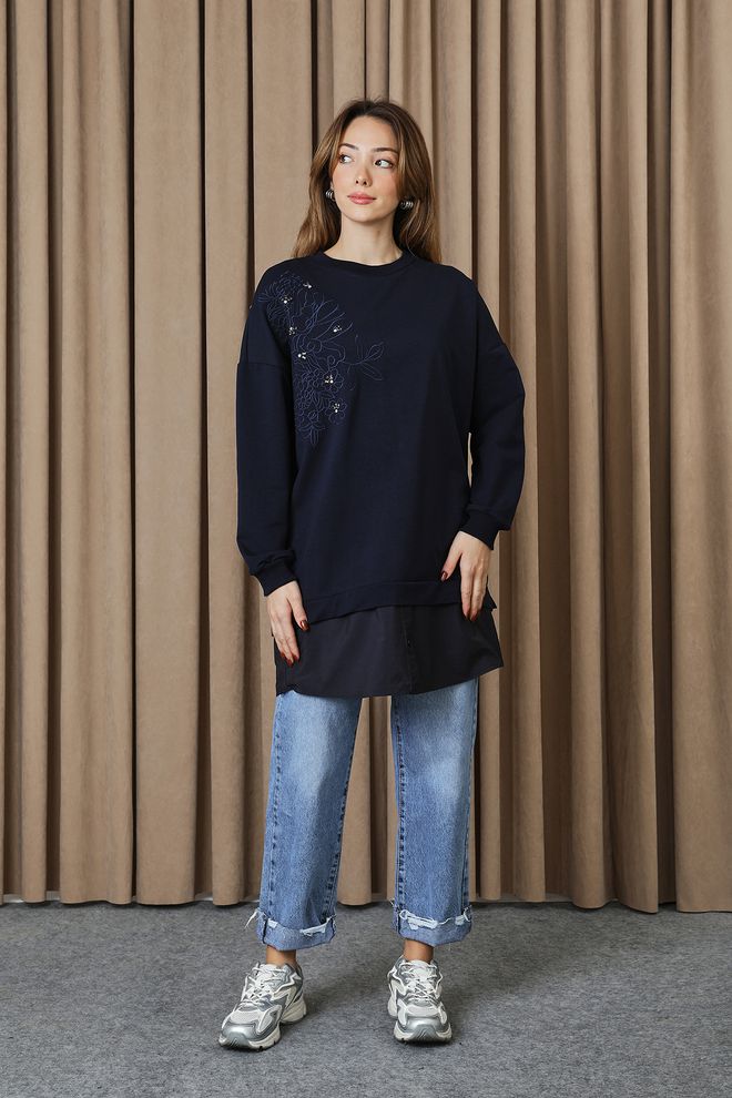 Puane Navy Blue Floral Oversized Tunic Long Sleeve Crew Neck Wholesale Clothing 1